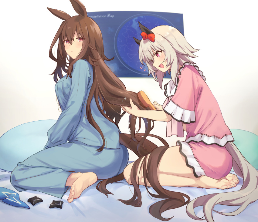 2girls admire_vega_(umamusume) aquarius_(constellation) ass barefoot blue_jacket blue_pants bow breasts brown_hair brushing_another&#039;s_hair brushing_hair capricorn_(constellation) curren_chan_(umamusume) ear_bow ear_covers feet hair_brush highres jacket long_hair medium_breasts multiple_girls pants pink_jacket pink_shorts red_bow red_eyes sagittarius_(constellation) shorts single_ear_cover smile sparkle starheart umamusume very_long_hair white_hair
