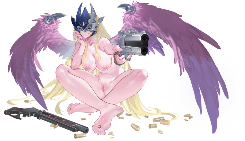 1girl absurdres aiming anus barefoot beelstarmon beelstarmon_x-antibody black_mask blonde_hair breasts bullet censored collared_shirt digimon digimon_(creature) eye_mask feathered_wings full_body gun hand_on_own_cheek hand_on_own_face highres holding holding_bullet holding_gun holding_weapon holding_with_feet indian_style large_breasts long_hair looking_at_viewer mask mosaic_censoring navel nils nipples nude parted_lips purple_wings pussy red_eyes shirt sidelocks simple_background sitting smile solo stomach third_eye weapon white_background wings