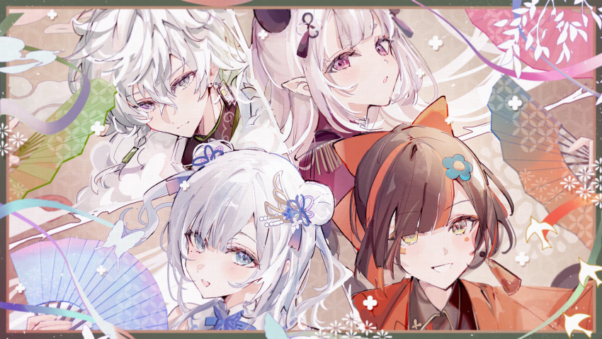 1boy 3girls black_hair black_shirt blue_eyes blunt_bangs bow braided_sidelock choya_hanabi double_bun earrings eyeliner facial_mark flower_hairpin grey_eyes hair_between_eyes hair_bow hair_bun hand_fan haori highres holding holding_fan horns japanese_clothes jewelry kaga_sumire kaga_sumire_(8th_costume) makeup multicolored_hair multiple_girls murakumo_kagetsu naraka_(nijisanji) necktie nijisanji open_mouth panchang_knot paper_fan parted_bangs pointy_ears ponytail red_bow red_eyeliner red_haori shia_job shirt single_earring streaked_hair tassel tassel_earrings thick_eyebrows virtual_youtuber vspo! white_hair