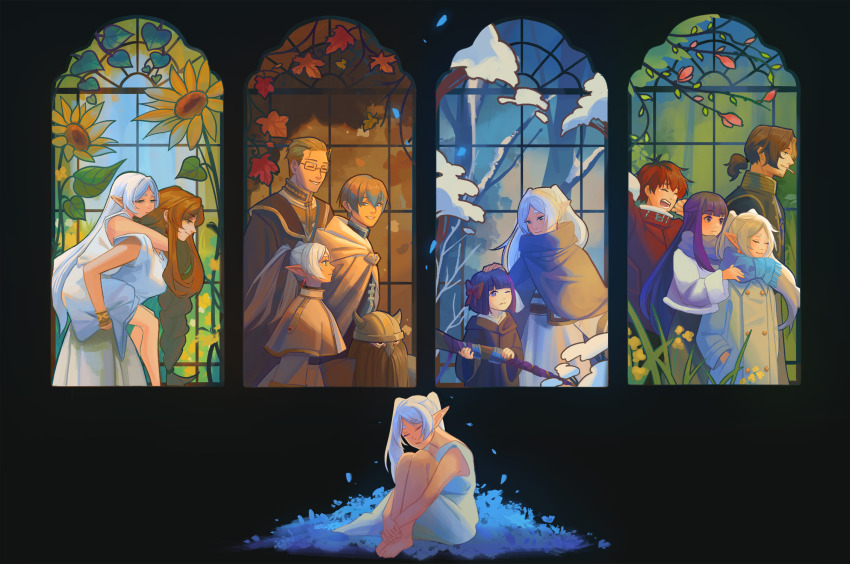 3girls 5boys autumn_leaves bare_tree beard black_background black_cloak blue_flower blue_scarf blunt_bangs bow braid brown_hair cape capelet carrying child cigarette cloak closed_eyes closed_mouth commentary dress dwarf eisen_(sousou_no_frieren) elf english_commentary everyone facial_hair fake_horns fern_(sousou_no_frieren) flamme_(sousou_no_frieren) flower frieren fur-trimmed_jacket fur_trim glasses grin hair_bow hair_down half_updo hand_in_pocket hand_on_another&#039;s_head hand_on_another&#039;s_shoulder hands_up hanromi headpat heiter helmet highres himmel_(sousou_no_frieren) holding holding_staff horned_helmet horns hugging_own_legs jacket leaf long_hair long_sleeves looking_at_another mage_staff medium_hair multiple_boys multiple_girls multiple_views official_alternate_costume official_alternate_hairstyle one_eye_closed open_mouth orange_hair piggyback pointy_ears ponytail purple_hair purple_jacket purple_scarf rectangular_eyewear red_bow red_hair red_shirt scarf seasons sein_(sousou_no_frieren) shirt short_hair simple_background single_braid sitting sleeveless sleeveless_dress smile snow sousou_no_frieren staff stained_glass stark_(sousou_no_frieren) straight_hair sunflower tree very_long_hair very_short_hair white_cape white_capelet white_dress white_hair yawning yellow_flower