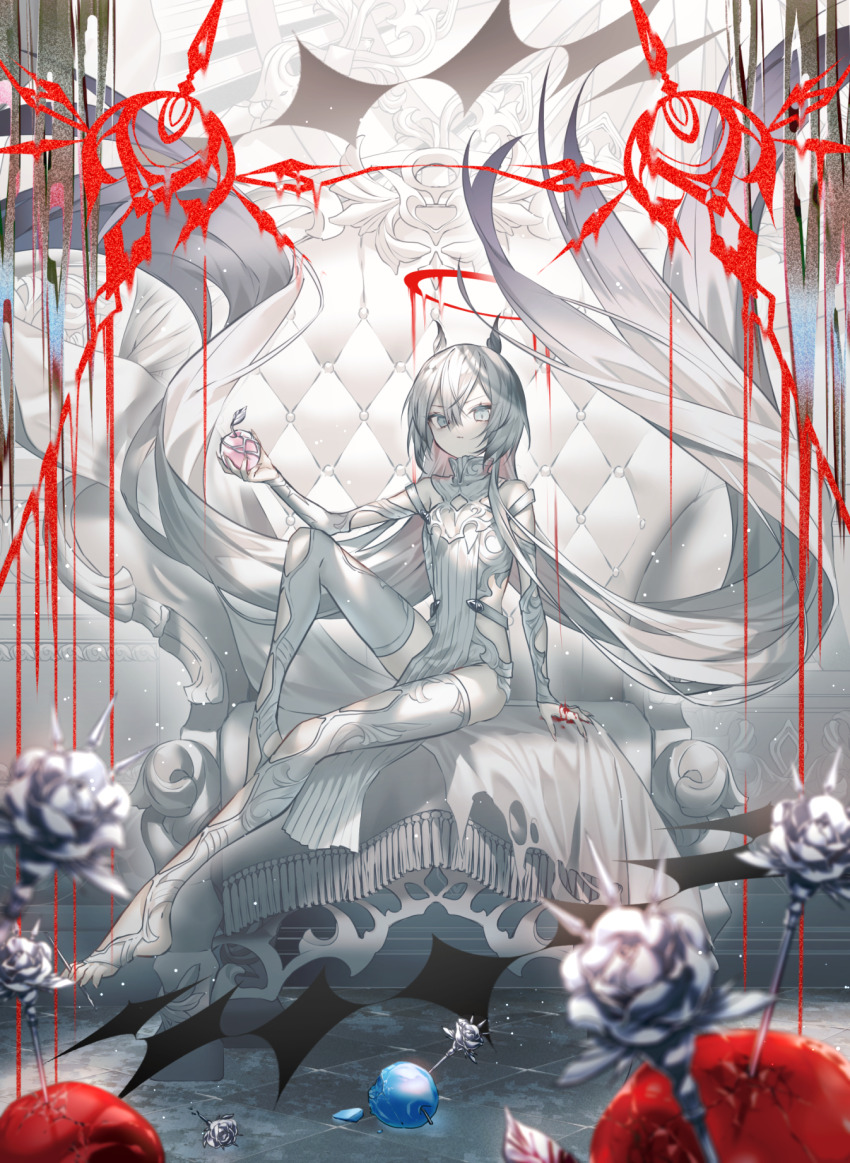 1girl absurdly_long_hair artemisia_(shiroki_teikoku) bare_shoulders blood blood_on_hands blue_apple blurry blurry_foreground character_request check_character checkered_floor closed_mouth commentary_request dress fantasy floating_hair food fruit full_body grey_dress grey_eyes grey_hair hair_between_eyes hair_floating_upwards halo highres holding holding_food holding_fruit knee_up kotarou_(kot_mochi) long_hair long_sleeves looking_at_viewer melting_halo pale_skin red_halo shiroki_teikoku sitting sitting_on_throne solo stirrup_footwear thighhighs very_long_hair white_theme white_thighhighs
