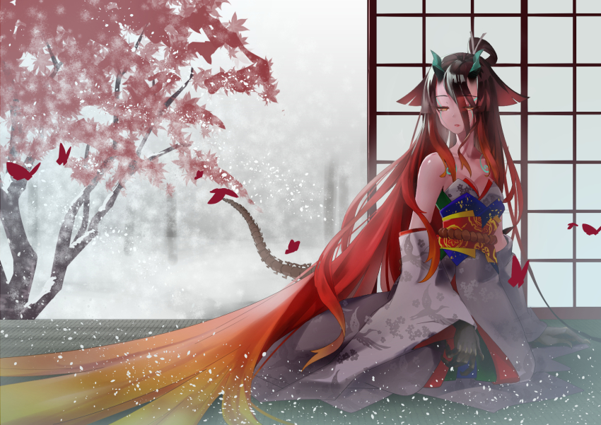 1girl absurdly_long_hair bare_shoulders breasts brown_hair bug butterfly claws cleavage collarbone detached_sleeves fate/grand_order fate/requiem fate_(series) gradient_hair hair_between_eyes highres horns insect japanese_clothes kijo_kouyou_(fate) kijo_kouyou_(third_ascension)_(fate) kimono koizumike large_breasts leaf long_hair maple_leaf multicolored_hair orange_hair parted_lips ponytail rope sash seiza sitting sleeveless sleeveless_kimono slit_pupils snow snowing solo tail tree very_long_hair white_kimono wide_sleeves yellow_eyes