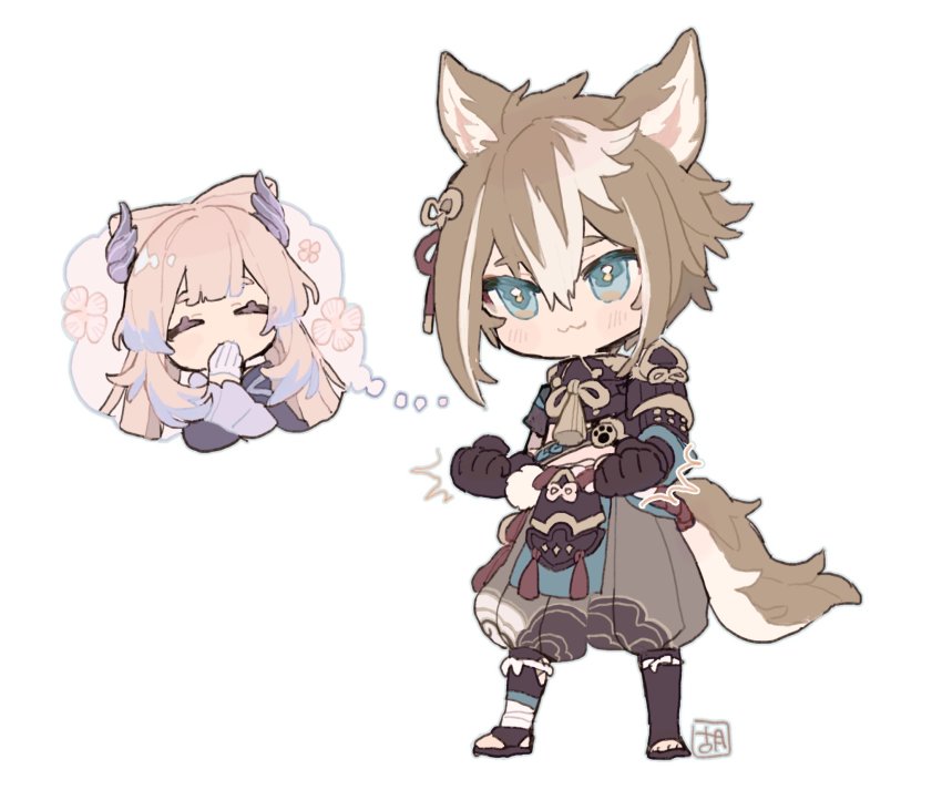 1boy 1girl :3 ^_^ animal_ears aqua_eyes armor black_gloves black_legwear black_shirt blonde_hair blue_dress blush brown_pants closed_eyes commentary dog_boy dog_ears dog_tail dress flower genshin_impact gloves gorou_(genshin_impact) half_gloves highres male_focus mogomaco multicolored_hair pants pauldrons pink_hair sandals sangonomiya_kokomi shirt shoulder_armor simple_background single_pauldron solo_focus speech_bubble streaked_hair tail thought_bubble white_background white_gloves zouri