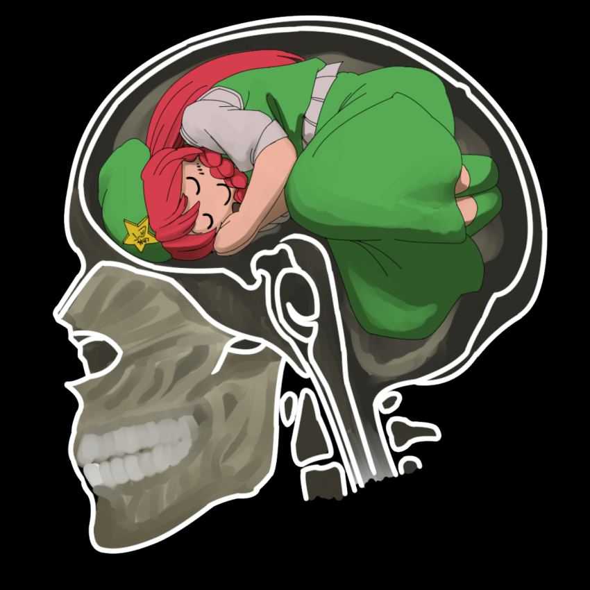 beret closed_eyes dress green_dress green_vest hat hat_ornament highres hong_meiling human_head koyubi_(littlefinger1988) red_hair shirt skull sleeping star_(symbol) star_hat_ornament touhou u_u vest white_shirt