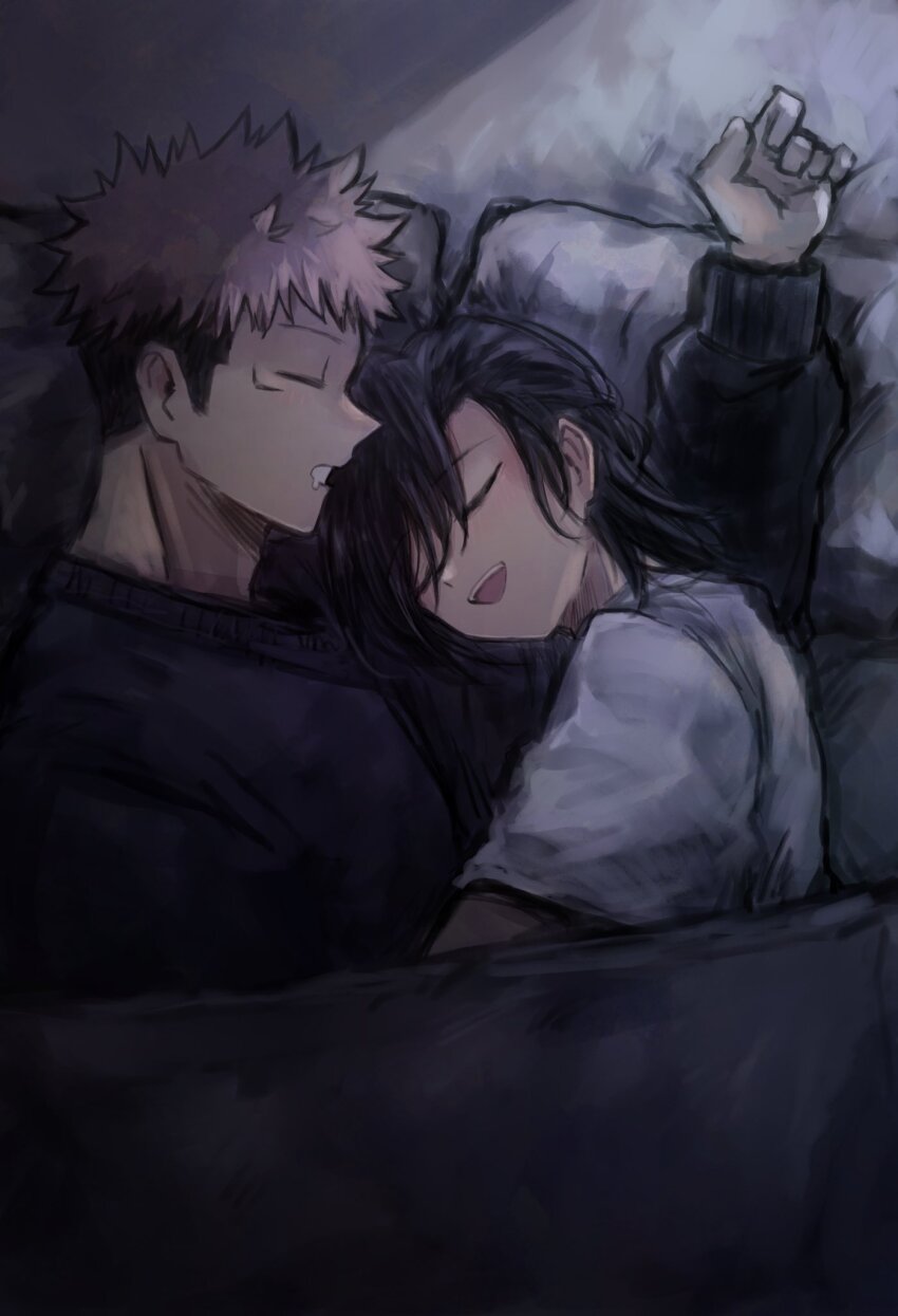 2boys :d black_hair blue_hoodie blush cuddling drooling hair_over_one_eye highres hood hoodie itadori_yuuji jujutsu_kaisen mouth_drool multiple_boys open_mouth pink_hair scar shirt sleeping smile under_covers undercut white_shirt y725natsu yoshino_junpei