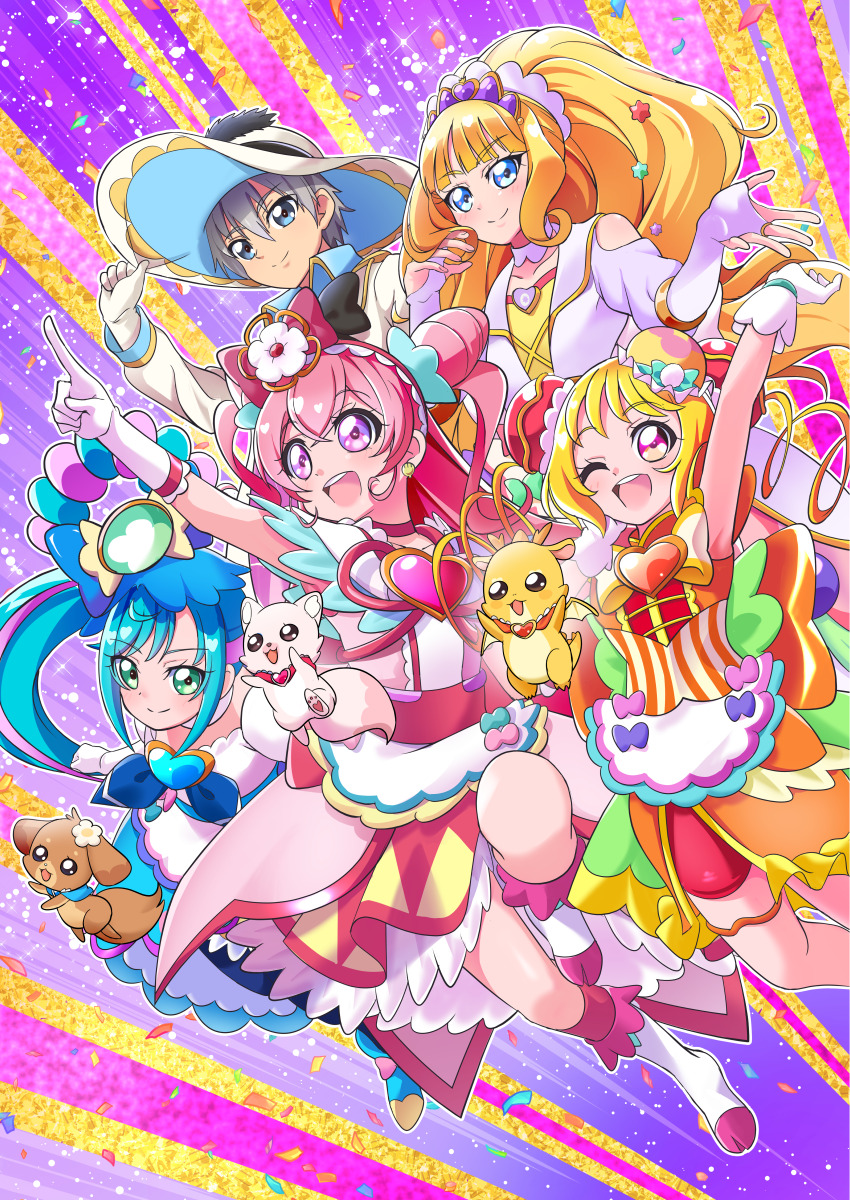 1boy 4girls :d ;d absurdres adjusting_clothes adjusting_headwear apron arm_up artist_name back_bow big_hair bike_shorts black_pantyhose black_pepper_(precure) blonde_hair blue_bow blue_dress blue_eyes blue_footwear blue_hair blunt_bangs boots bow bridal_gauntlets brooch bun_cover choker closed_mouth clothing_cutout cone_hair_bun cure_finale cure_precious cure_spicy cure_yum-yum delicious_party_precure dog double_bun dragon dress flying fox fuwa_kokone gloves green_eyes grey_hair hair_bow hair_bun hair_ornament hair_rings hanamichi_ran hat hat_feather heart heart_brooch highres jacket jewelry kasai_amane kome-kome leg_up light_particles long_hair long_sleeves looking_to_the_side magical_boy magical_girl medium_dress mem-mem_(precure) multicolored_hair multiple_girls nagomi_yui one_eye_closed open_mouth orange_bow orange_dress pam-pam pantyhose pink_dress pink_hair pointing precure purple_eyes purple_hair red_choker red_eyes red_shorts rope shimenawa shinada_takumi short_dress short_hair shorts shorts_under_dress shoulder_cutout side_ponytail signature single_hair_ring smile sparkle sun_hat tiara tirofinire triple_bun two_side_up waist_apron white_dress white_footwear white_gloves white_hat white_jacket yellow_bow