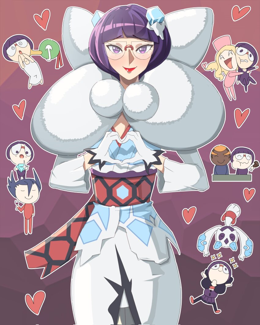 @_@ absurdres boned_meat caitlin_(pokemon) creatures_(company) exceedxatu food froslass game_freak gen_2_pokemon gen_4_pokemon glasses gloves grimsley_(pokemon) heart heart_hands highres hug lipstick looking_at_viewer makeup marshal_(pokemon) meat nintendo official_alternate_costume outline pokemon pokemon_(creature) pokemon_bw pokemon_masters_ex purple_eyes purple_hair shauntal_(fall_2024)_(pokemon) shauntal_(pokemon) solo_focus sparkle white_gloves white_outline xatu