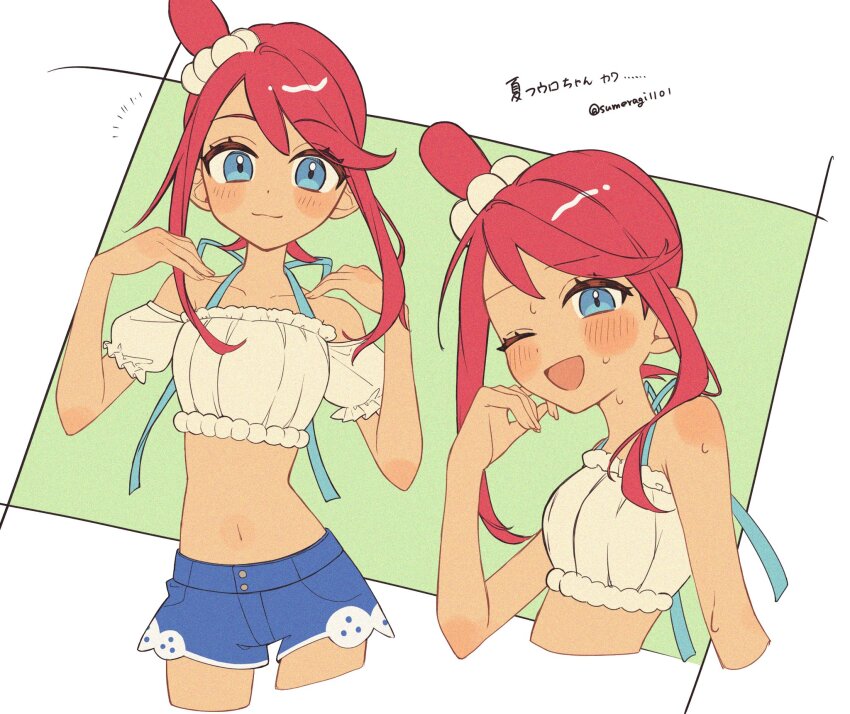 1girl ;d bare_shoulders blue_eyes blue_shorts blush closed_mouth crop_top highres looking_at_viewer multiple_views navel nintendo official_alternate_costume one_eye_closed open_mouth pokemon pokemon_masters_ex red_hair short_hair_with_long_locks short_shorts shorts sidelocks skyla_(pokemon) skyla_(summer_2025)_(pokemon) smile sumeragi1101 sweat twitter_username