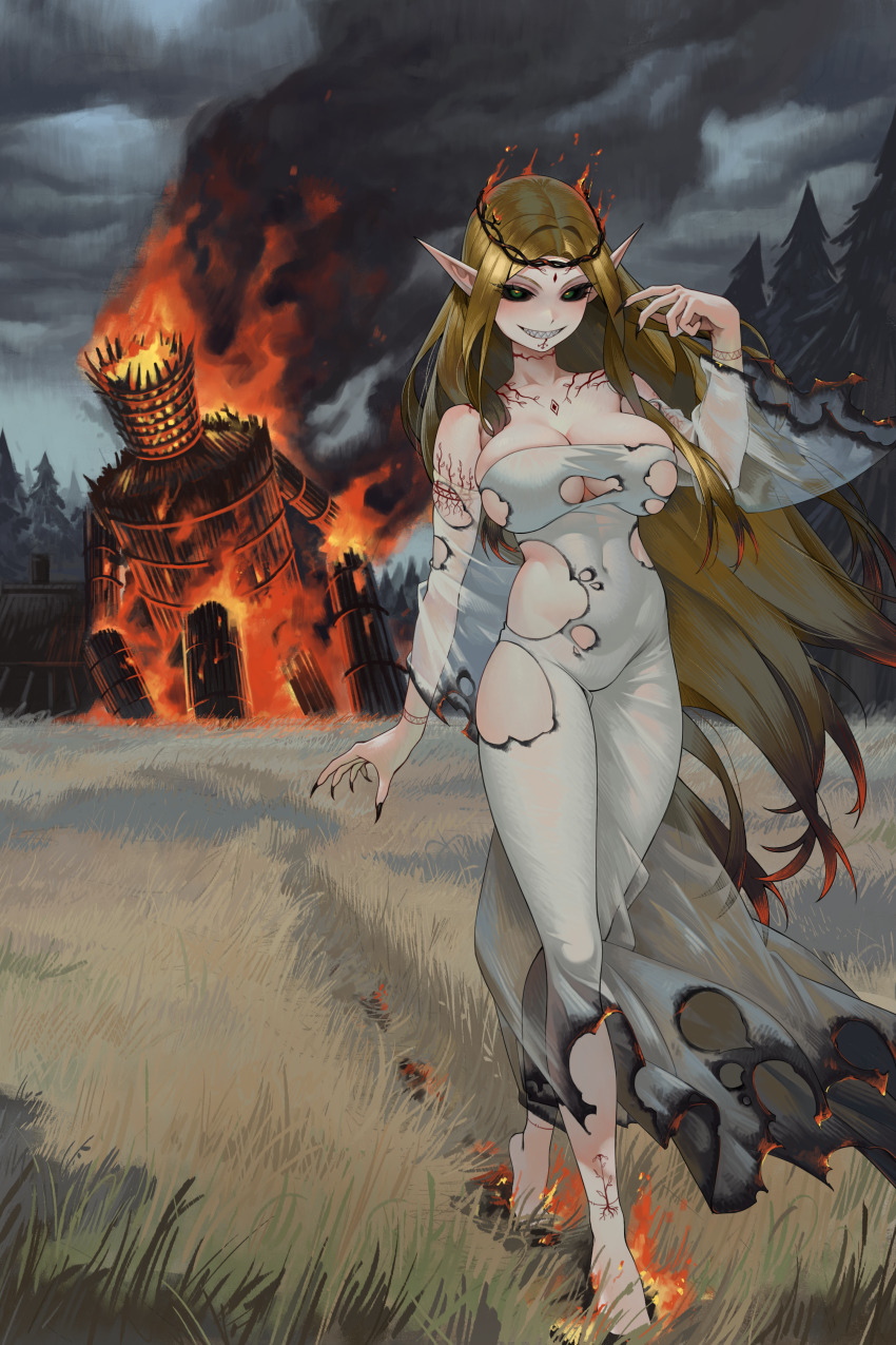 1girl absurdres barefoot black_sclera blonde_hair breasts burnt_clothes burnt_hair circlet colored_sclera dress elf fingernails fire forest full-body_tattoo gemi_ningen grasslands green_eyes grin highres house large_breasts long_fingernails long_hair looking_at_viewer nature on_grass original pathfinder pointy_ears sharp_fingernails sharp_teeth skindentation smile smoke solo tattoo teeth torn_clothes very_long_hair white_dress wicker_man witch