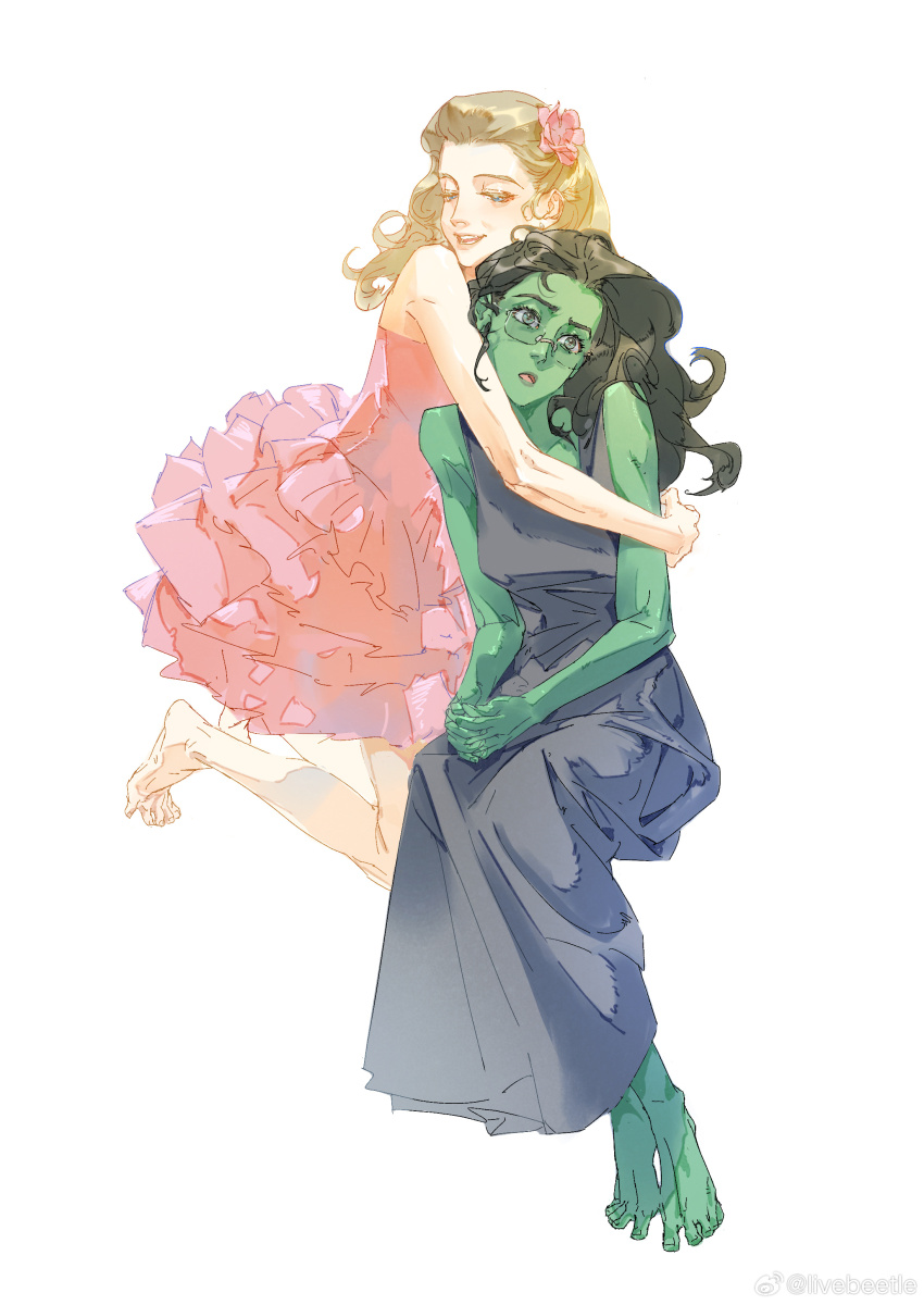 2girls absurdres barefoot black_dress black_hair blonde_hair blue_eyes chinese_commentary colored_skin commentary dress elphaba_thropp flower frilled_dress frills full_body glasses good_witch_of_the_north green_eyes green_skin hair_flower hair_ornament highres hug hug_from_behind invisible_chair long_dress long_hair multiple_girls pink_dress pink_flower rimless_eyewear simple_background sitting siyemmm sleeveless sleeveless_dress watermark weibo_username weibo_watermark white_background wicked