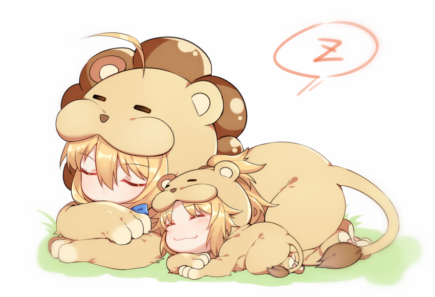2girls :3 ^_^ ahoge animal_costume animal_print artoria_pendragon_(fate) blonde_hair chibi closed_eyes closed_mouth fate/apocrypha fate/grand_order fate/stay_night fate_(series) hair_between_eyes lying mordred_(fate) mordred_(fate/apocrypha) mother_and_daughter multiple_girls on_stomach saber_(fate) saber_lion sidelocks sleeping speech_bubble tiger_costume tiger_print yorukun zzz