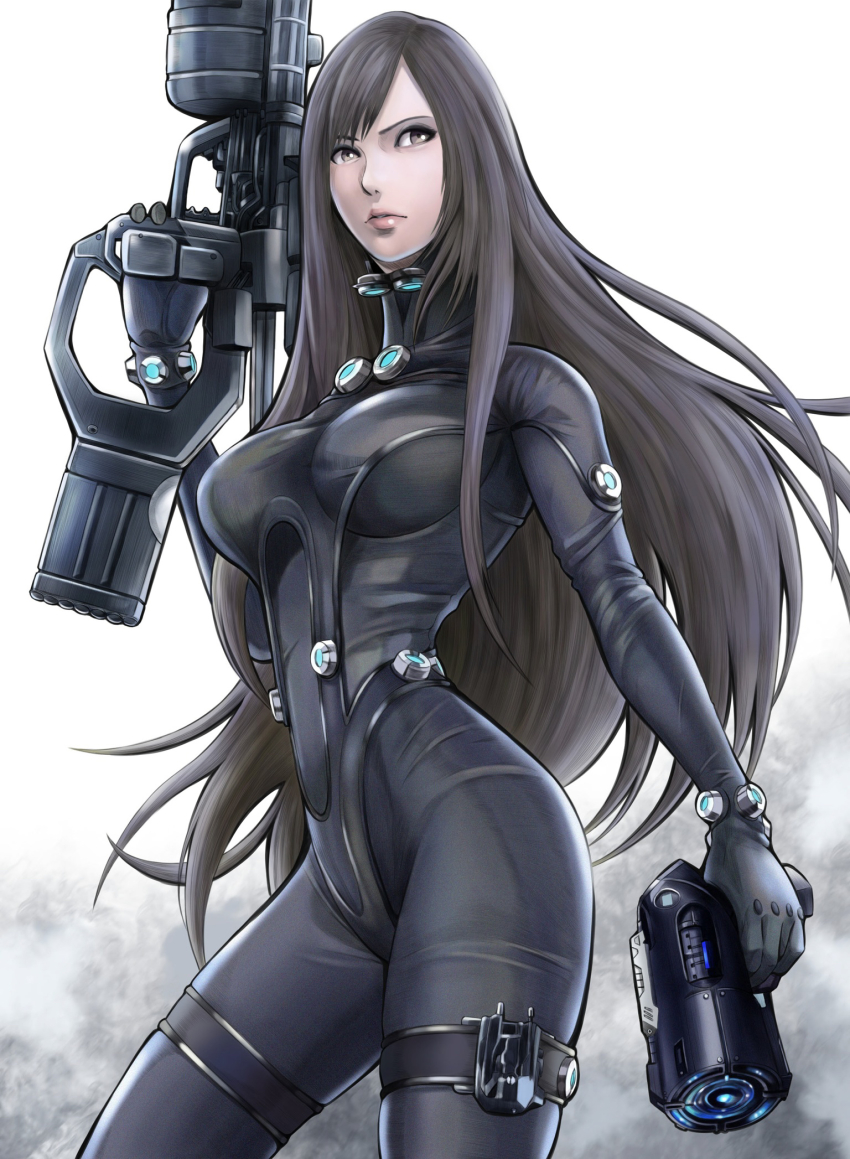 1girl black_bodysuit black_hair bodysuit breasts brown_eyes dual_wielding energy_gun female_focus gantz gantz_suit gun h-gun highres holding holding_gun holding_weapon huge_weapon large_breasts lips long_hair narrow_waist nose shimohira_reika skin_tight solo thigh_strap to-ru weapon white_background x-gun