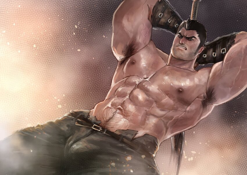 1boy abs amsokyo armpit_hair arms_up bara beard_stubble black_hair bulge commentary darius_(league_of_legends) dutch_angle english_commentary facial_hair highres holding holding_weapon league_of_legends male_focus muscular muscular_male navel navel_hair nipples parted_lips pectorals short_hair solo stubble topless_male veins veiny_arms weapon