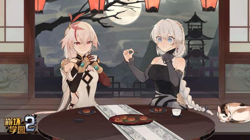 2girls animal asymmetrical_gloves benghuai_xueyuan black_dress black_gloves black_sleeves blue_eyes branch brown_gloves cat china_dress chinese_clothes cup dress earrings food fu_hua fu_hua_(phoenix) full_moon gloves hair_between_eyes hair_ornament hand_on_own_cheek hand_on_own_face holding holding_cup honkai_(series) honkai_impact_3rd jewelry kallen_kaslana lantern long_hair mismatched_gloves mogomaco moon multiple_girls night night_sky official_art plate red_eyes red_gloves sky sleeveless sleeveless_dress table temple white_hair