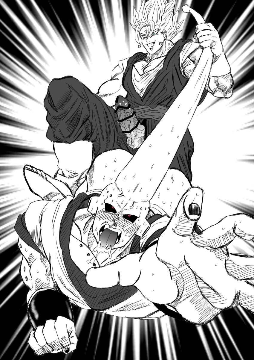 2boys ass bara blush censored dragon_ball dragonball_z erection forced gn3g highres imminent_rape majin_buu male_focus monochrome multiple_boys muscular muscular_male nail_polish open_mouth penis red_eyes saliva smirk super_buu super_saiyan testicles tongue vegetto veins veiny_penis yaoi