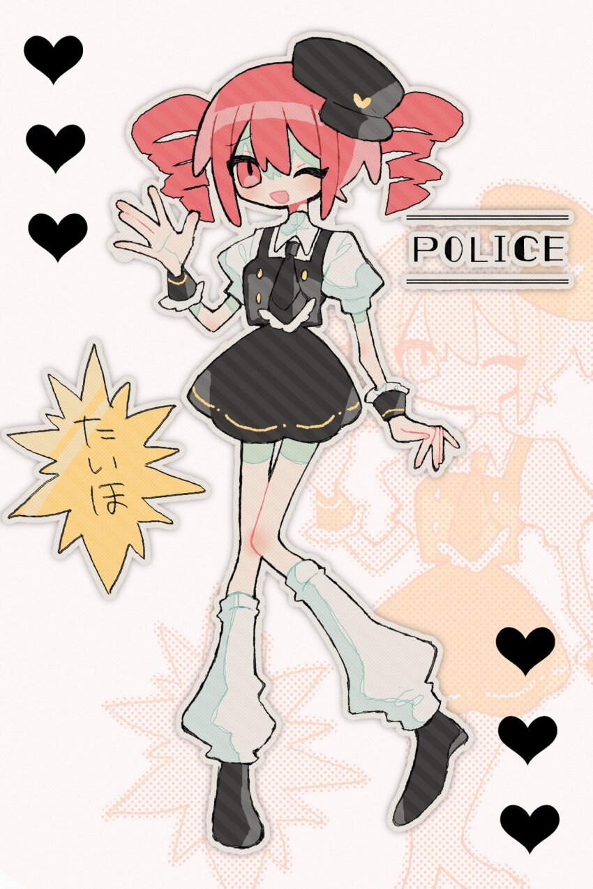 1girl alternate_costume black_hat black_necktie black_shoes black_skirt black_vest drill_hair frilled_necktie full_body hand_up hat heart highres kasane_teto knees_together_feet_apart leg_warmers looking_at_viewer necktie okashira_moppu one_eye_closed open_mouth outline puffy_short_sleeves puffy_sleeves red_eyes red_hair shirt shoes short_sleeves skirt smile solo standing twin_drills utau vest white_leg_warmers white_shirt wrist_cuffs zoom_layer