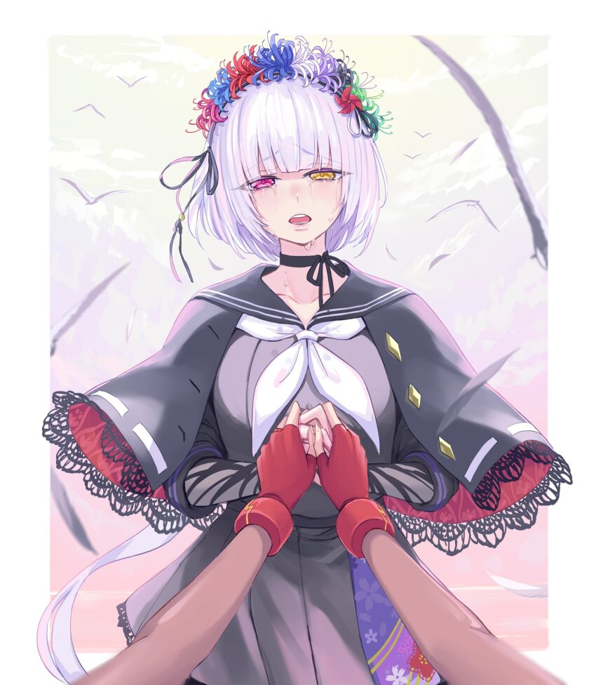 2girls assault_lily bird black_capelet black_cardigan black_choker black_gloves black_hairband black_ribbon black_sailor_collar black_serafuku black_shirt black_skirt blue_flower blunt_bangs blush border bow_hairband brown_gloves buttons capelet cardigan choker cloud commentary_request cowboy_shot crying crying_with_eyes_open day elbow_gloves falling_feathers feathers female_pov fingerless_gloves floral_print flower flower_wreath gloves gradient_sky green_flower hair_ribbon hairband half-closed_eyes hands_up head_wreath heterochromia highres holding_hands kondou_misaka lace lace-trimmed_capelet lace-trimmed_skirt lace_trim long_hair long_sleeves looking_at_viewer low_ponytail mila_(yuta27315) miniskirt multiple_girls neck_ribbon neckerchief nose_blush open_cardigan open_clothes open_mouth outdoors outside_border own_hands_clasped own_hands_together pink_eyes pink_sky pleated_skirt ponytail pov pov_hands print_skirt purple_flower purple_sky raised_eyebrows red_capelet red_flower ribbon ribbon_choker sailor_collar school_uniform serafuku shirt skirt sky standing tears three-quarter_sleeves two-sided_capelet two-tone_gloves very_long_hair white_border white_flower white_neckerchief yamaguchi_chihiro_(assault_lily) yellow_eyes yellow_sky
