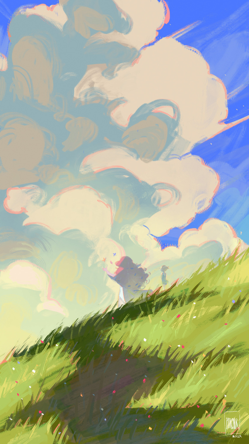 2girls cloud cloudy_sky dress grass green_dress highres long_hair multiple_girls pearl_(steven_universe) pink_hair rose_quartz_universe sage_petrichor sky steven_universe very_long_hair white_dress
