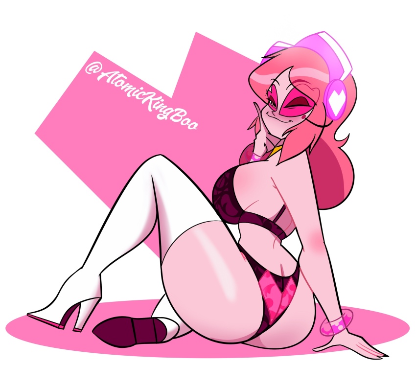 1girl absurdres ass atomickingboo boots breasts butt_crack headphones high_heel_boots high_heels highres large_breasts miss_heed one_eye_closed pink_hair sideboob solo thigh_boots underwear villainous white_heels wink