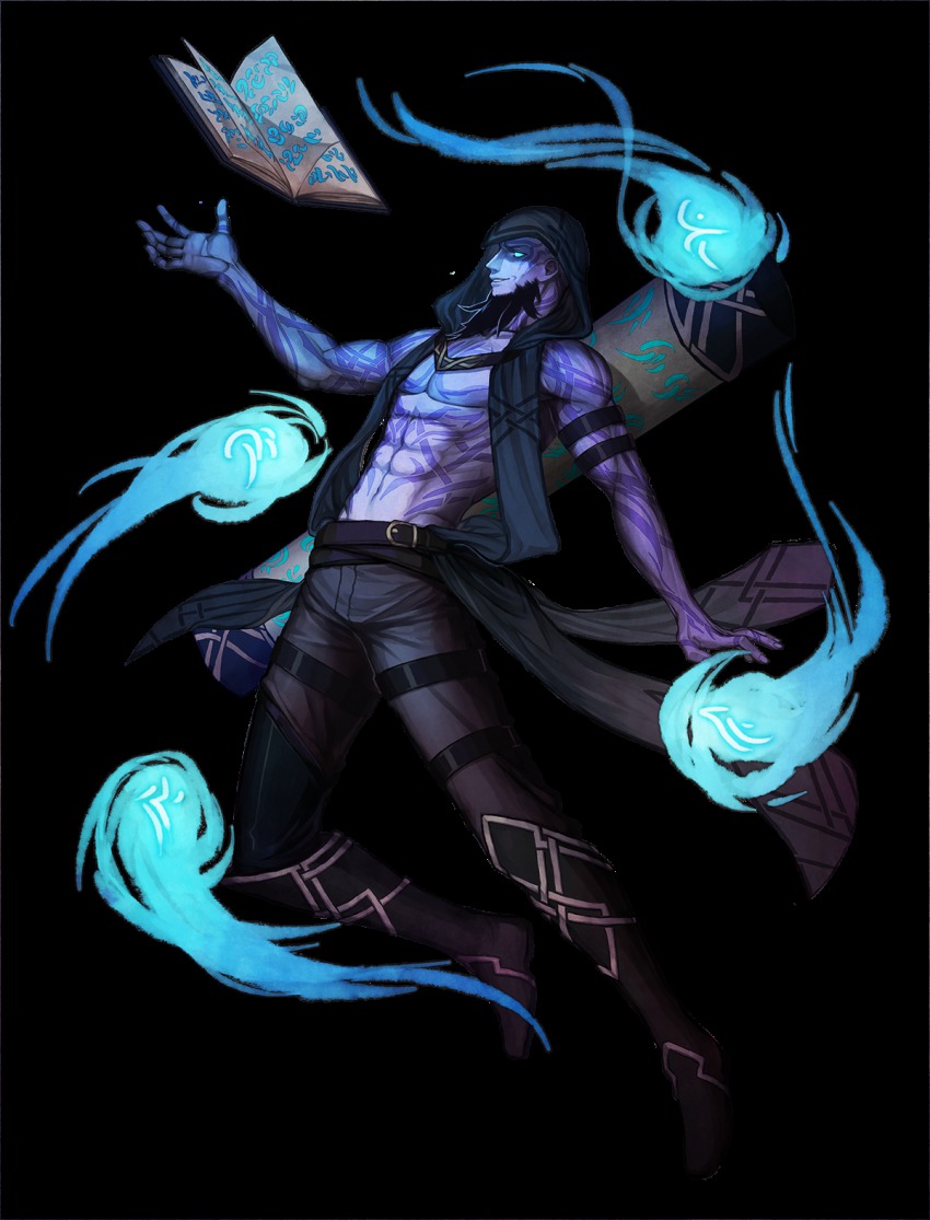 1boy alternate_costume bald beard black_hair blue_eyes blue_skin book boots colored_skin facial_hair full_body highres hood hoodie indseind league_of_legends male_focus ryze topless_male solo tattoo transparent_background