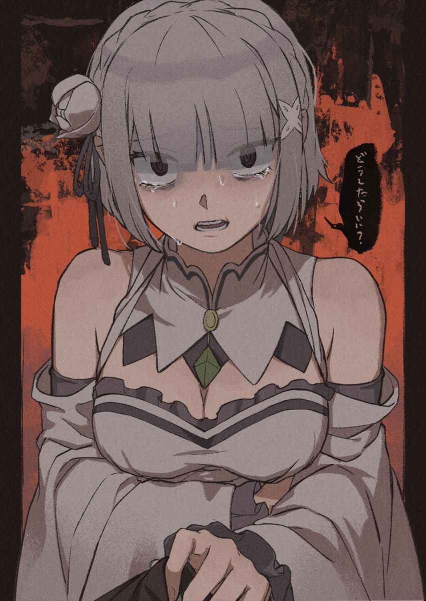 1girl alternate_hair_length alternate_hairstyle bare_shoulders black_eyes breasts cleavage commentary_request crying diamond_(shape) emilia_(re:zero) eyelashes flower gem green_gemstone grey_hair hair_flower hair_ornament hair_ribbon highres iwamushi looking_at_viewer open_mouth re:zero_kara_hajimeru_isekai_seikatsu re:zero_kara_kasaneru_isekai_seikatsu ribbon short_hair solo speech_bubble tears teeth translated upper_body