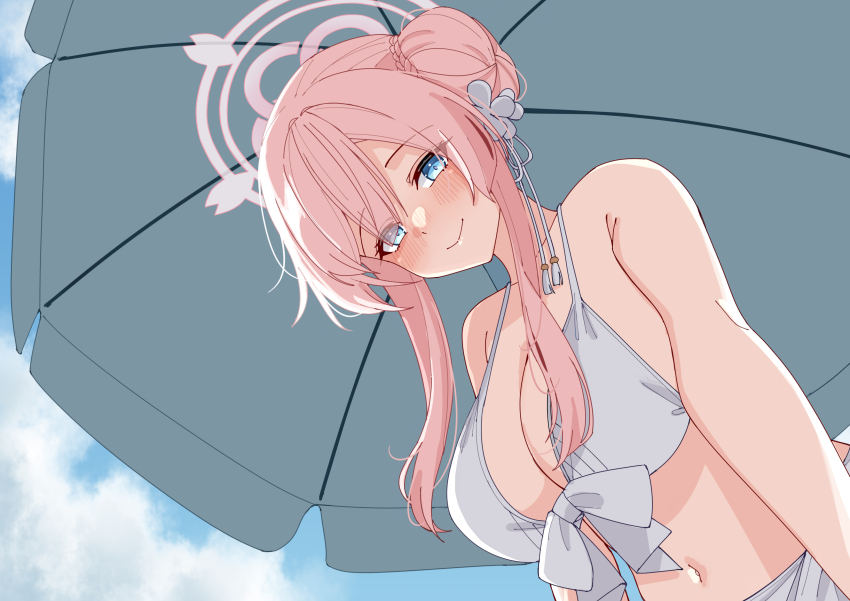 1girl absurdres bikini blue_archive blue_sky blush breasts cleavage closed_mouth cloud cloudy_sky commentary_request day from_below hair_bun halo highres long_hair looking_at_viewer mimori_(blue_archive) mimori_(swimsuit)_(blue_archive) navel official_alternate_costume pink_hair pink_halo rynn_(darknescorez) single_side_bun sky smile solo stomach swimsuit under_umbrella white_bikini