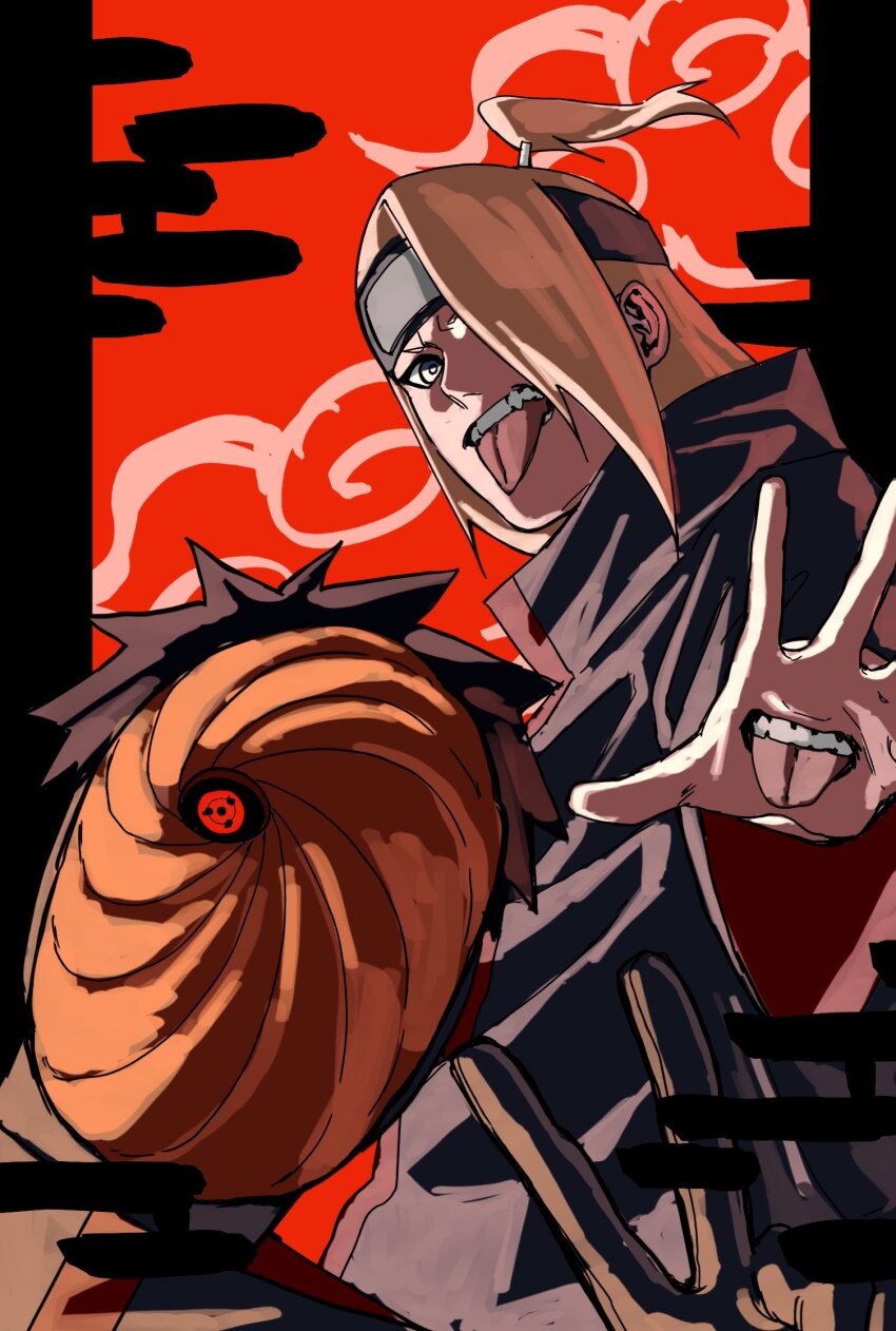 2boys black_coat black_gloves black_hair blonde_hair blue_eyes coat deidara_(naruto) forehead_protector gloves hair_over_one_eye hand_mouth highres long_coat mask masked_madara multiple_boys naruto_(series) naruto_shippuuden pnpk_1013 red_eyes sharingan short_hair spiked_hair teeth tobi_(naruto) tongue tongue_out uchiha_obito v