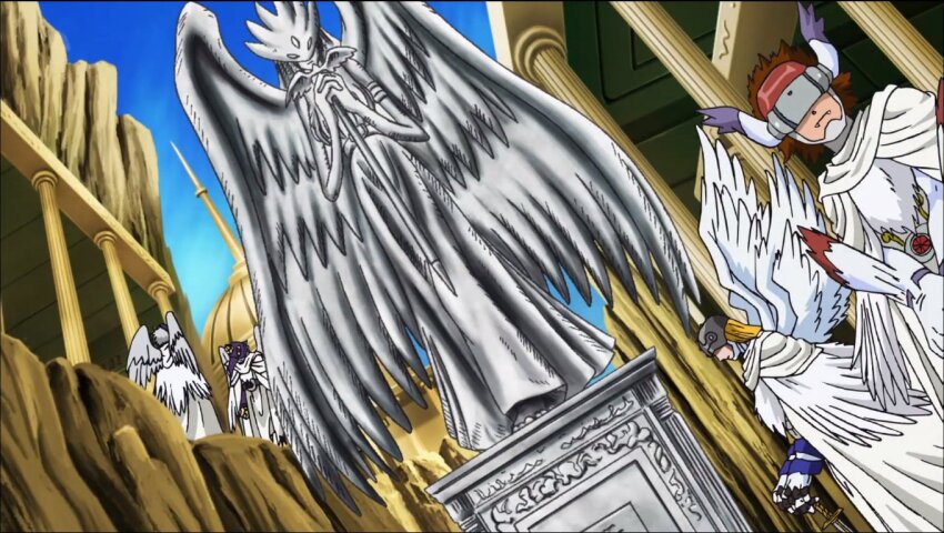 angel angel_boy angemon digimon digimon_(creature) digimon_xros_wars fang goddess_(digimon_xros_wars) kotemon mask screencap silphymon statue