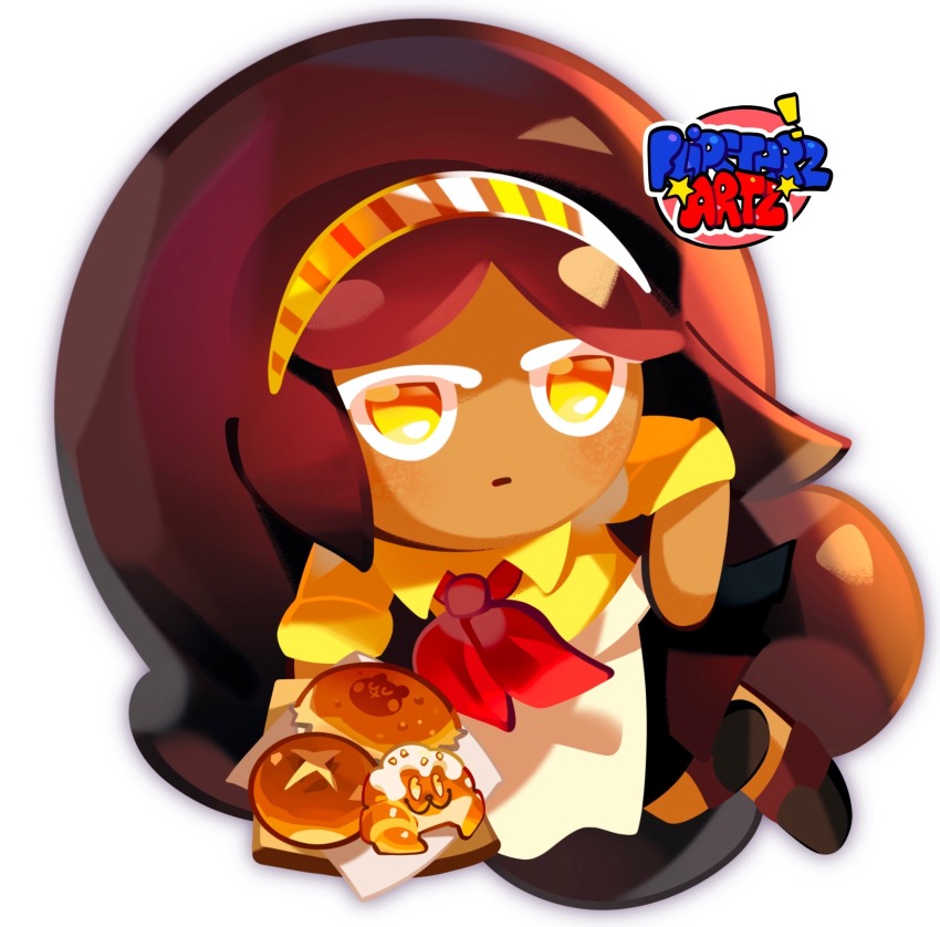 1girl apron bread brown_footwear brown_hair brown_skirt closed_mouth collared_shirt commentary cookie_run cookie_run:_kingdom croissant dark-skinned_female dark_skin doughie_(omori) english_commentary expressionless flipsterzartz food full_body hairband hand_on_own_hip highres holding holding_tray long_hair looking_at_viewer miniskirt neckerchief official_style omori paper parted_bangs pleated_skirt red_neckerchief shirt short_hair simple_background skirt solo striped_clothes striped_hairband tray very_long_hair waist_apron watermark white_apron white_background yellow_eyes yellow_hairband yellow_shirt