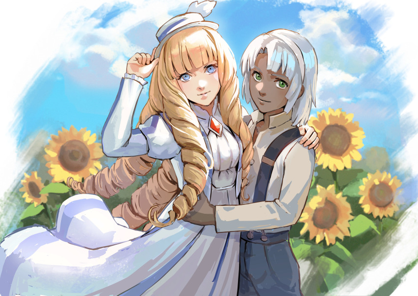 absurdres big_hair blonde_hair blue_eyes blue_pants blue_sky brooch cloud cosplay dark_skin dianna_soreil dress drill_hair flower green_eyes gundam hand_on_another&#039;s_arm hand_on_another&#039;s_waist hat hat_feather highres jacket jewelry kihel_heim kihel_heim_(cosplay) long_sleeves looking_at_viewer nekkikamille pants sky sunflower suspenders turn_a_gundam white_dress white_hair