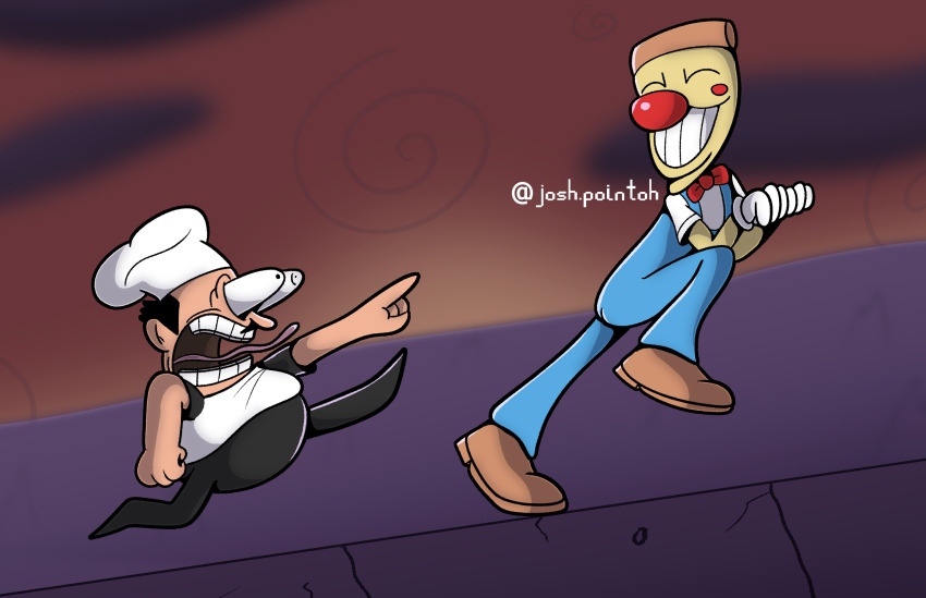 bow bowtie chef_hat closed_eyes clown_nose facial_hair food hat highres josh.pointoh mcpig_(style) mustache overalls oversized_hat pepperoni peppino_spaghetti pizza pizza_tower pizzahead running screaming smile tongue toon_(style)