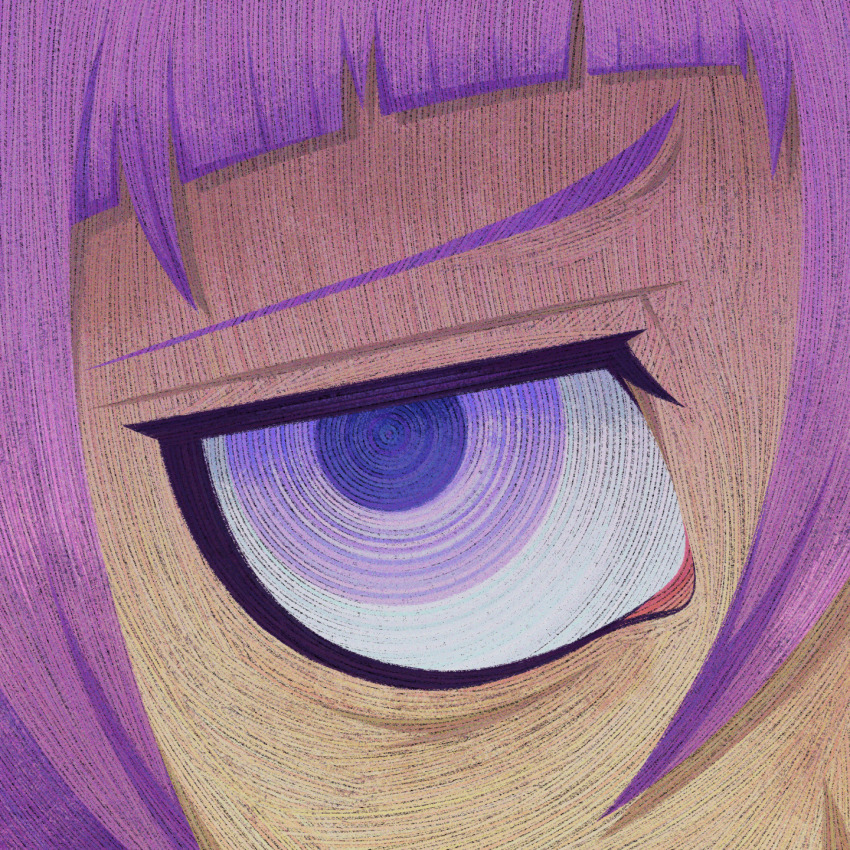 1other canvas_texture close-up commentary crona_(soul_eater) cryptidhermit english_commentary eye_focus eyelashes faux_traditional_media hair_between_eyes highres looking_at_viewer other_focus purple_eyes purple_hair ringed_eyes solo soul_eater