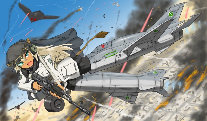 1girl afterburner ak-47 animal_ears arabic_text assault_rifle bad_id bad_pixiv_id black_pantyhose blonde_hair dakku_(ogitsune) dark-skinned_female dark_skin desert drum_magazine earphones female_focus green_eyes gulf_war gun head-mounted_display iraq iraqi kalashnikov_rifle lion lion_ears lion_tail magazine_(weapon) mig-21 neuroi pantyhose rifle scouter solo strike_witches strike_witches_1991 striker_unit tail uniform weapon world_witches_series
