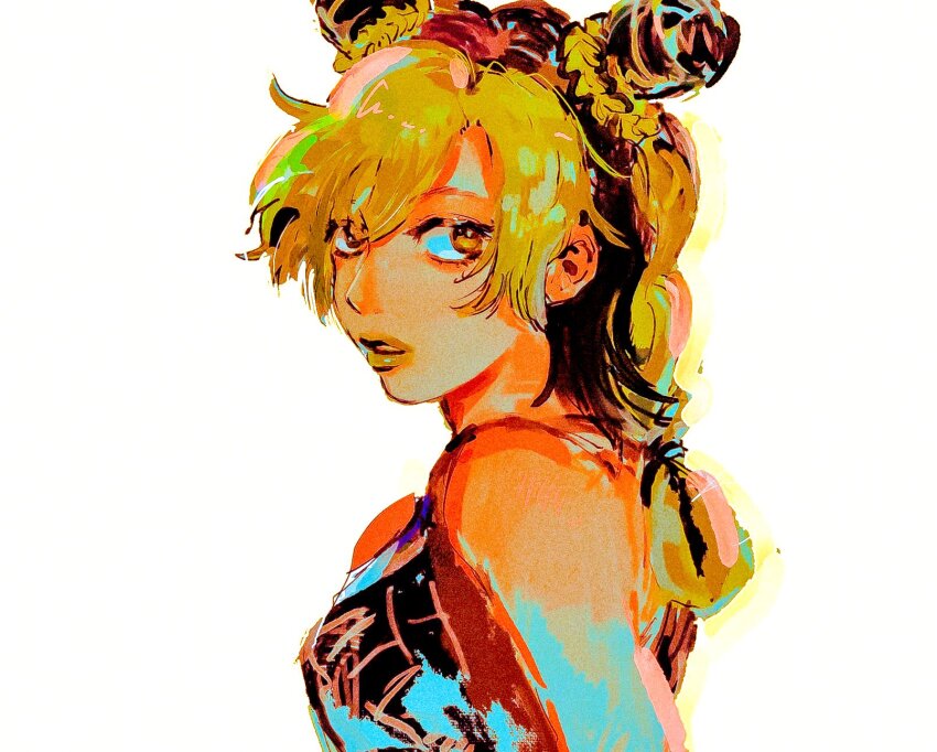 1girl bare_shoulders black_hair blonde_hair braid braided_ponytail commentary cone_hair_bun double_bun english_commentary green_lips hair_bun highres jojo_no_kimyou_na_bouken kuujou_jolyne looking_at_viewer makeup motunikomi multicolored_hair sleeveless solo stone_ocean two-tone_hair upper_body white_background