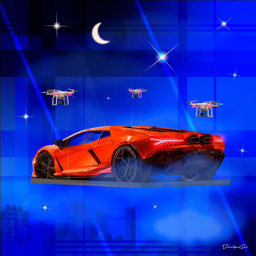 artist_name car city crescent_moon designgeo flying glint glowing highres lamborghini lamborghini_revuelto moon motor_vehicle no_humans orange_car original quadcopter shadow sports_car star_(sky) vehicle_focus