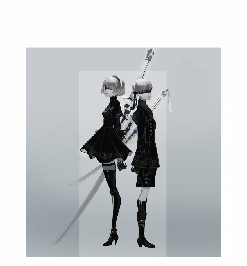 1boy 1girl absurdres black_dress black_footwear black_shorts black_thighhighs blindfold boots dress greyscale high_heels highres monochrome nier_(series) nier:automata shan_gui_yu_yao short_hair shorts socks sword thighhighs weapon white_hair wide_shot 2b_(nier:automata) 9s_(nier:automata)