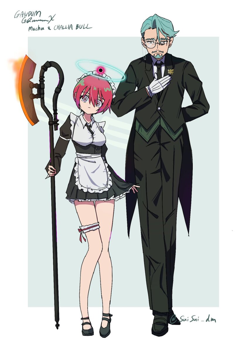 1boy 1girl amate_yuzuriha apron aqua_eyes axe battle_axe beard black_dress black_pants black_suit breasts butler challia_bull closed_mouth collared_shirt dress facial_hair formal_clothes frilled_apron frills gloves green_eyes green_hair gundam gundam_gquuuuuux hasu_175 highres holding holding_axe holding_weapon jacket long_sleeves looking_at_viewer maid maid_apron maid_headdress mustache necktie pant_suit pants red_hair shirt short_hair suit tuxedo tuxedo_shirt weapon