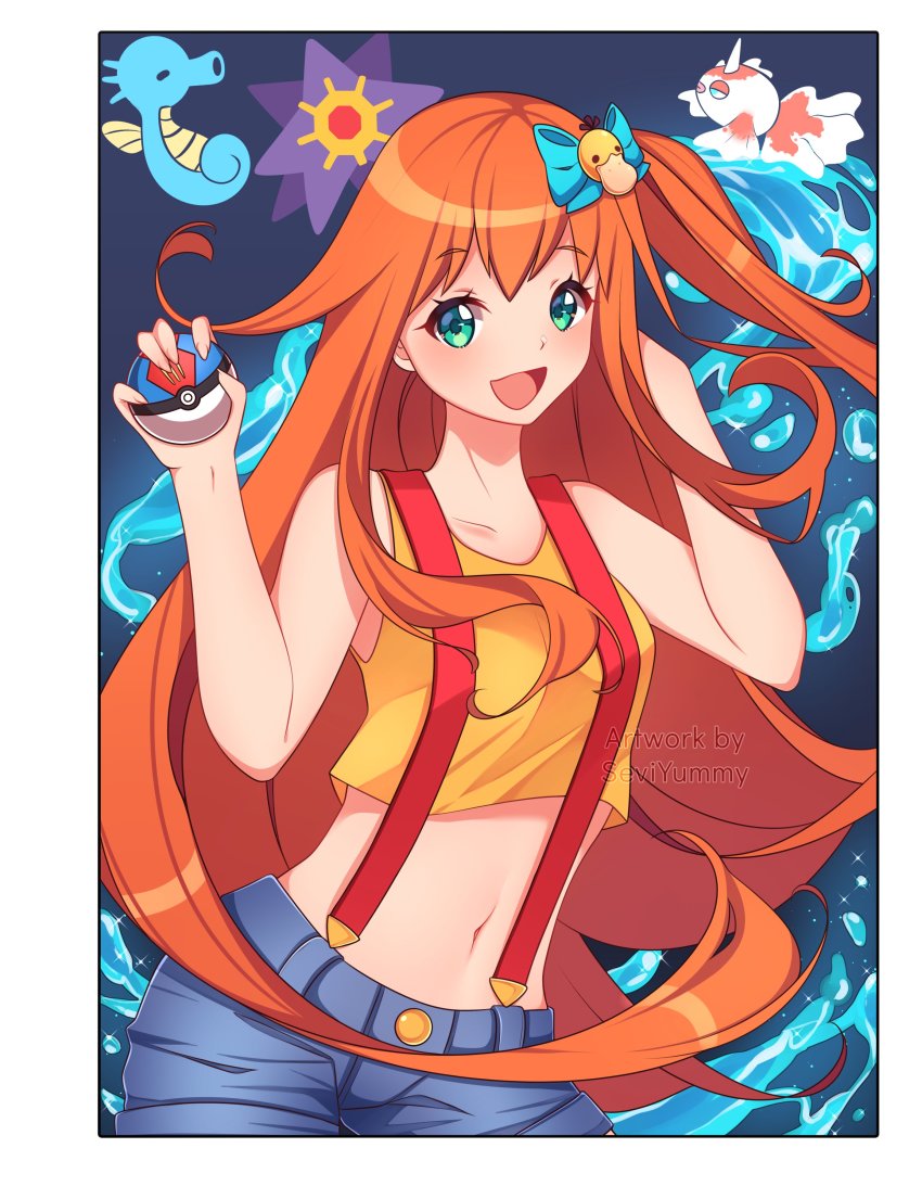 1girl absurdres asymmetrical_hair blush cowboy_shot creatures_(company) denim denim_shorts eyelashes game_freak gen_1_pokemon goldeen green_eyes gym_leader hair_between_eyes hair_tie highres holding holding_poke_ball horsea long_hair looking_at_viewer misty_(pokemon) navel nintendo orange_hair poke_ball pokemon pokemon_(anime) pokemon_(classic_anime) pokemon_(creature) ponytail psyduck sevi_(seviyummy) shirt short_shorts shorts side_ponytail smile solo staryu suspenders tank_top wide_hips yellow_shirt yellow_tank_top