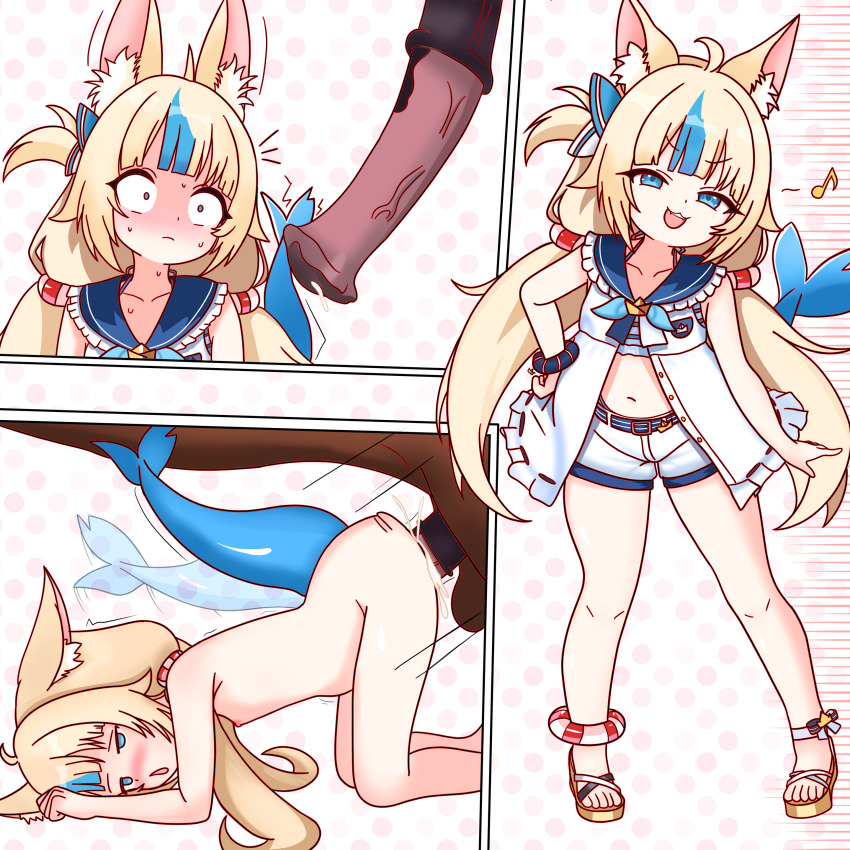 1boy 1girl absurdres all_fours animal_ears animal_penis bad_tag bestiality blonde_hair blue_eyes blush buruberi cat_ears cum doggystyle erection fins fish_tail flat_chest highres horse horse_penis huge_penis indie_virtual_youtuber legs loli long_hair long_twintails looking_at_penis navel penis penis_awe precum sameko_saba sandals sex sex_from_behind shorts stomach stomach_bulge surprised sweat tail thighs twintails uncensored veins veiny_penis virtual_youtuber