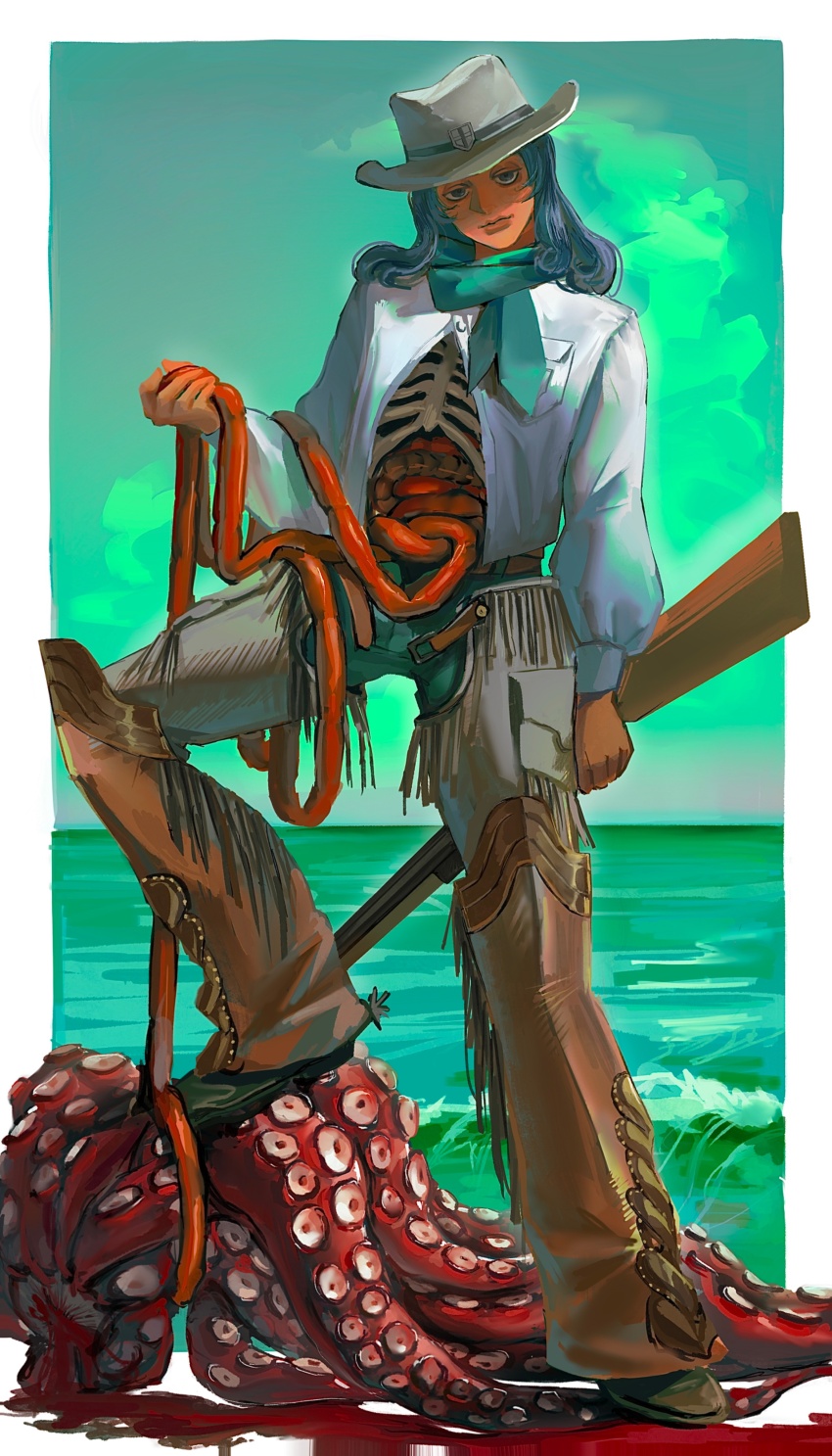 1boy absurdres aqua_neckerchief aqua_pants blue_hair chaps commentary_request cowboy_hat exposed_bone green_background green_sky gun hat head_tilt highres intestines jacket long_hair male_focus neckerchief ocean octopus original pants shotgun sky solo spurs uu0000322 weapon white_jacket