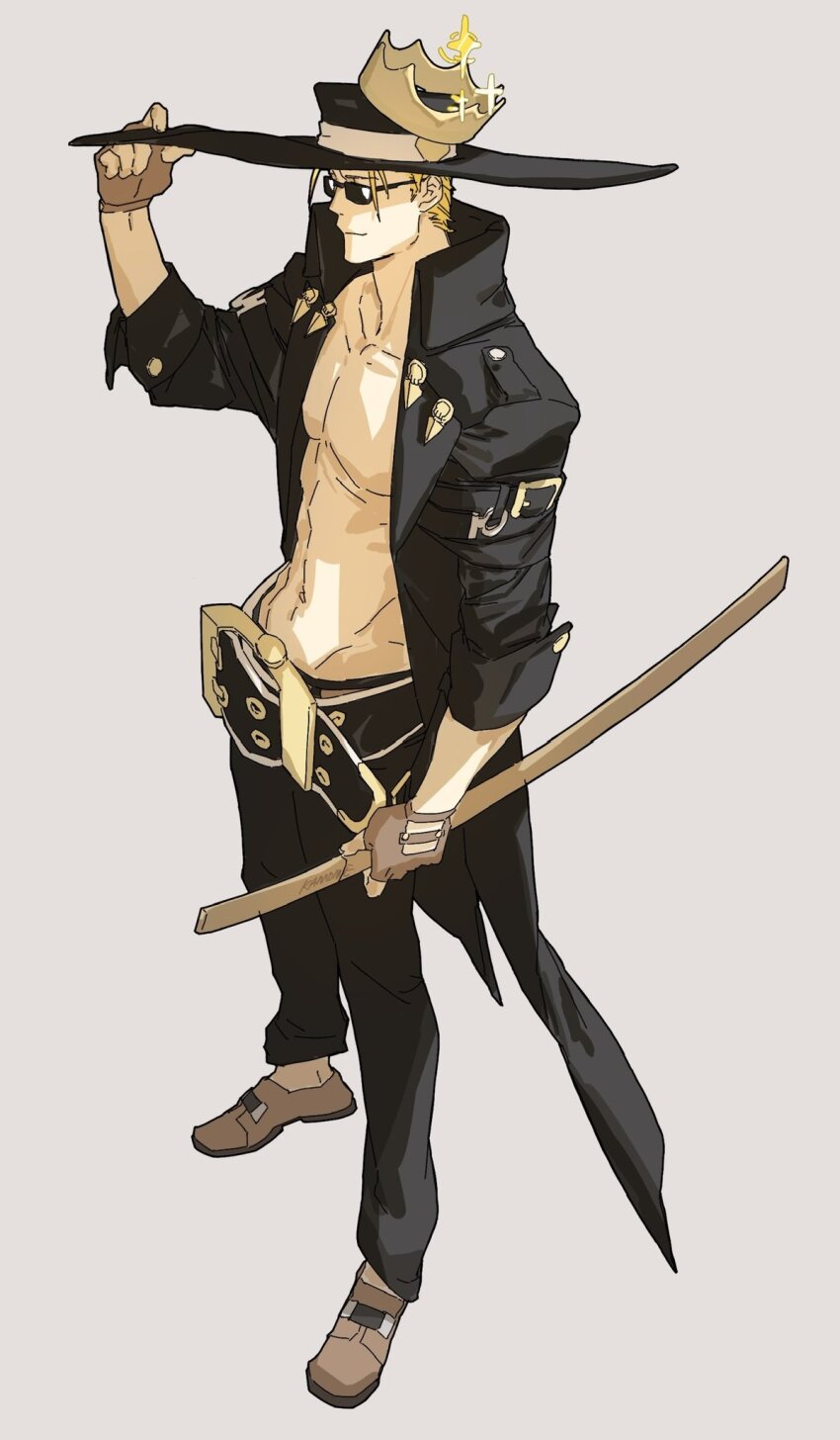 1boy abs amatuki arm_up bare_pectorals belt belt_buckle black_hat black_jacket black_pants blonde_hair brown_footwear brown_gloves buckle closed_mouth clothing_cutout collarbone crown full_body glove_cutout gloves grey_background groin guilty_gear guilty_gear_strive hand_on_headwear hat highres holding holding_sword holding_weapon jacket johnny_(guilty_gear) male_focus navel pants pectorals popped_collar short_hair simple_background sleeve_cuffs solo sparkle standing sunglasses sword weapon wide_brim