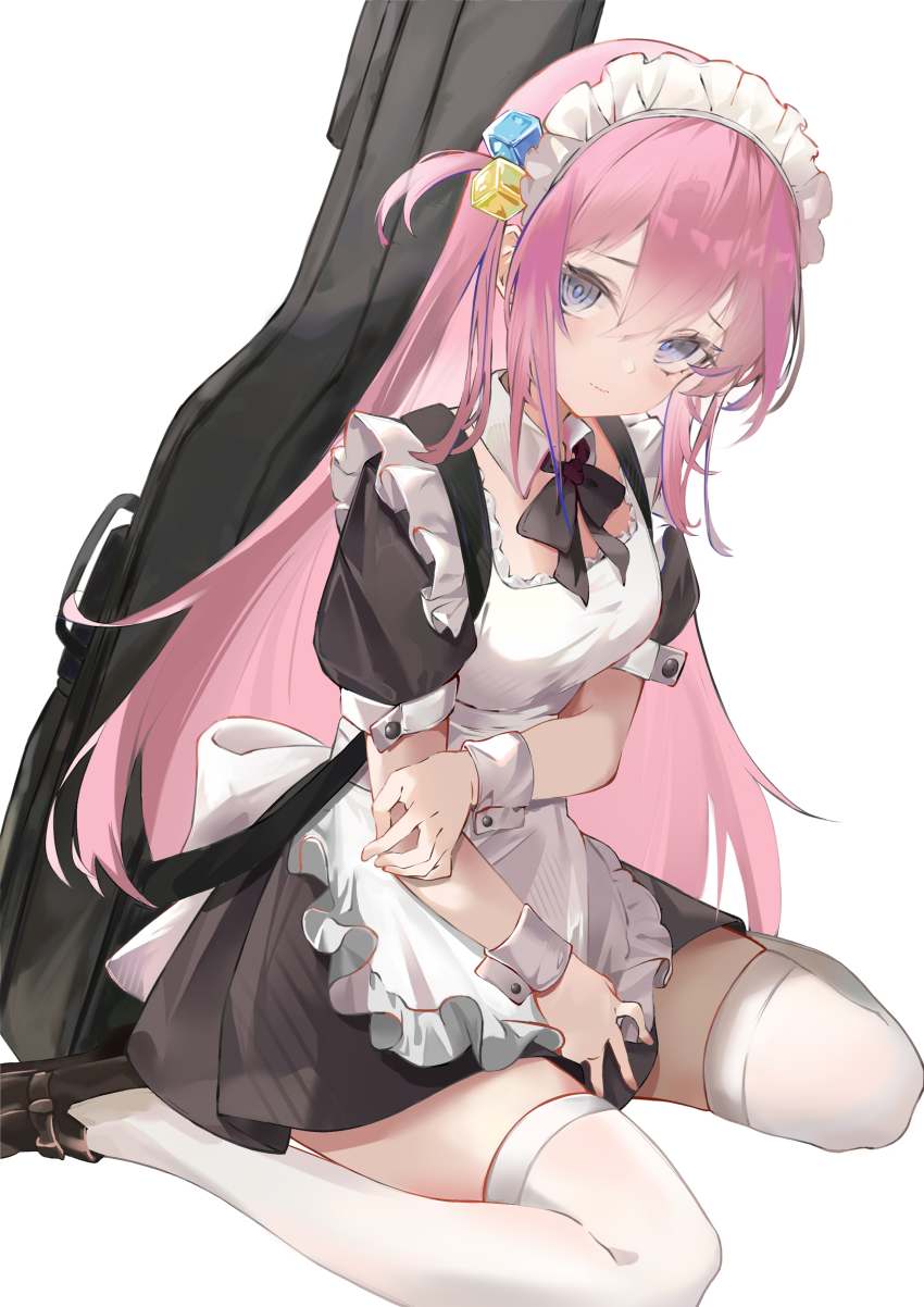 1girl absurdres alternate_costume apron black_dress black_necktie blue_eyes bocchi_the_rock! breasts brown_shoes collar cube_hair_ornament detached_collar dress enmaided frilled_apron frills gotoh_hitori guitar_case hair_between_eyes hair_ornament highres holding_own_arm instrument_case loafers long_hair maid maid_apron maid_headdress medium_breasts necktie on_floor one_side_up paheide_guang pink_hair shoes simple_background sitting solo thighhighs thighs white_background white_collar white_thighhighs