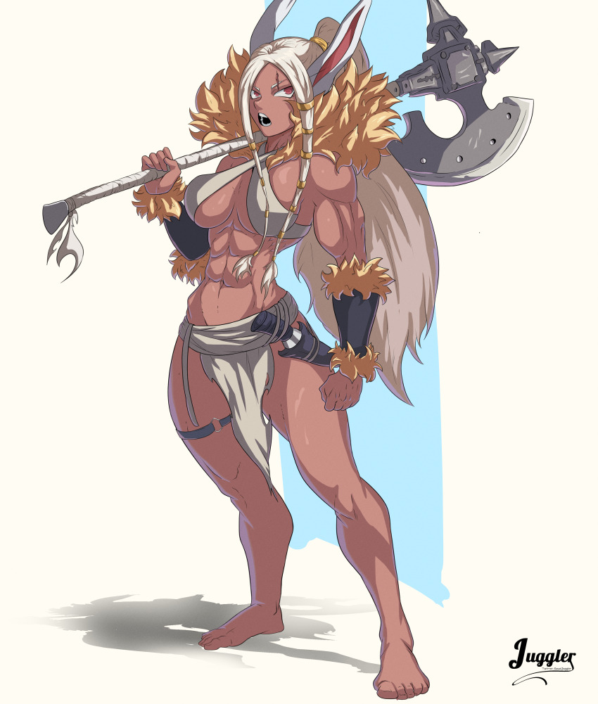 abs absurdres animal_ears axe barbarian barefoot boku_no_hero_academia bracer dark_skin fur_trim highres juggler_(sun_juggler) knife loincloth long_hair mirko muscular muscular_female over_shoulder rabbit_ears rabbit_girl rabbit_tail shadow tail weapon weapon_over_shoulder white_hair