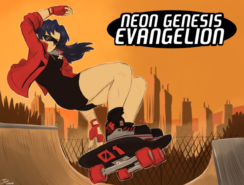 1girl absurdres black_dress black_footwear breasts city cross dress fingerless_gloves full_body gloves highres jacket katsuragi_misato legs medium_breasts neon_genesis_evangelion orange_sky pine_tree purple_hair red_gloves red_jacket skateboard skateboarding sky solo sunglasses tony_hawk&#039;s_pro_skater tree videajames