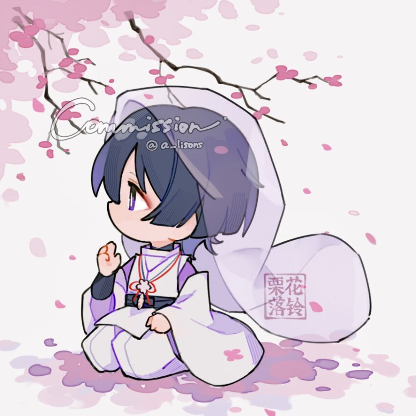 1boy aixixixixi armor blunt_ends bright_pupils chibi clothing_cutout commission eyeliner eyeshadow falling_petals feathers genshin_impact hand_up highres japanese_armor japanese_clothes kariginu kimono kote kurokote layered_kimono layered_sleeves long_sleeves looking_to_the_side makeup male_focus no_mouth pants pelvic_curtain petals pink_petals pink_sleeves pink_veil pom_pom_(clothes) purple_eyes purple_hair red_eyeliner red_eyeshadow scaramouche_(genshin_impact) scaramouche_(kabukimono)_(genshin_impact) see-through_clothes see-through_veil seiza shoulder_cutout sitting solo string three_quarter_view twitter_username veil watermark white_pants white_pupils white_sleeves wide_sleeves yellow_feathers