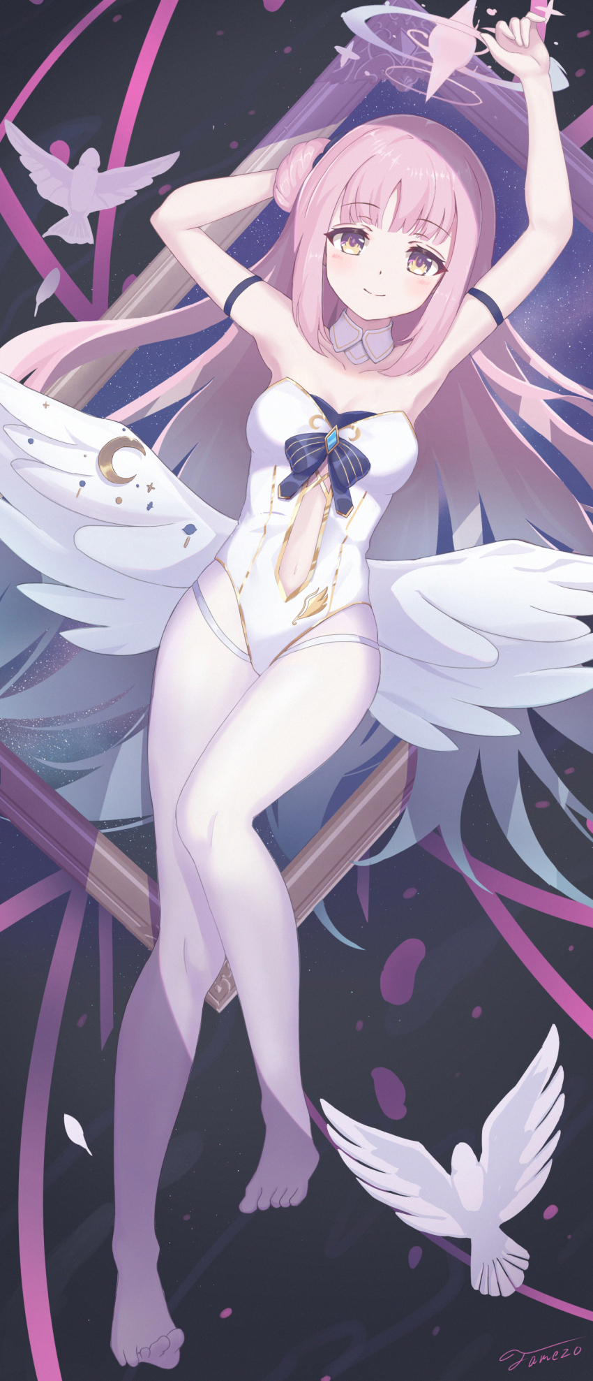 1girl absurdres arms_up bare_shoulders bird blue_archive detached_collar halo highres leotard long_hair looking_at_viewer mika_(blue_archive) navel pantyhose pigeon pink_hair smile solo strapless strapless_leotard unishaho very_long_hair wings yellow_eyes