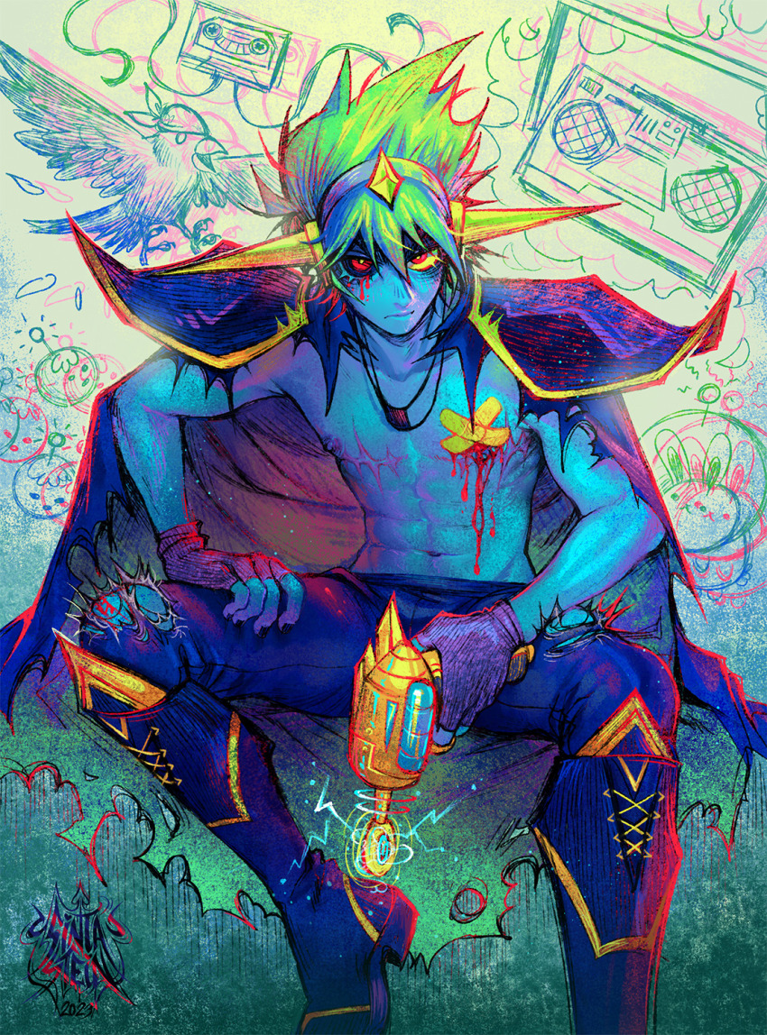1boy alt_text armor bandaid bandaids_on_nipples bird black_nails black_sclera blood bloody_tears blue_boots blue_cape blue_pants blue_skin boots bright_pupils cape captain_spaceboy closed_mouth colored_sclera colored_skin commentary crossed_bandaids doombox_(omori) energy_gun english_commentary fingerless_gloves foot_out_of_frame gloves green_background green_hair hand_on_own_thigh highres holding holding_ray_gun jewelry knee_boots lace-up_boots looking_at_viewer lower_eyelashes_only male_focus mastectomy_scar mismatched_sclera mixtape_(omori) nail_polish navel necklace omori pants pasties purple_gloves ray_gun red_eyes scar scar_on_chest short_hair shoulder_armor simple_background sintastein sitting solo space_bunny_(omori) space_pirate_chief_(omori) spread_legs toned toned_male topless_male torn_clothes torn_pants u.f.o._(omori) upturned_eyes weapon yellow_pupils yellow_sclera