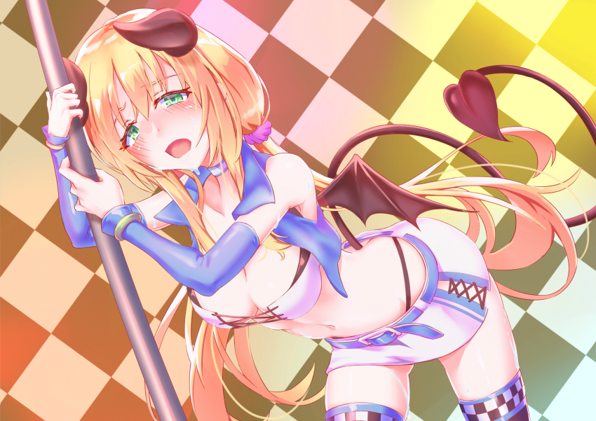 belt black_thighhighs blonde_hair blush boots breasts circuit cleavage demon_horns demon_tail demon_wings detached_sleeves fall4592 hairband highres horns kerberos_blade leaning_forward medium_breasts navel pencil_skirt pink_hairband pole_dancing race_queen side_lace-up_pencil_skirt skirt sleeveless sleeveless_jacket sweat tail thighhighs twintails umbrella underwear white_pencil_skirt wings