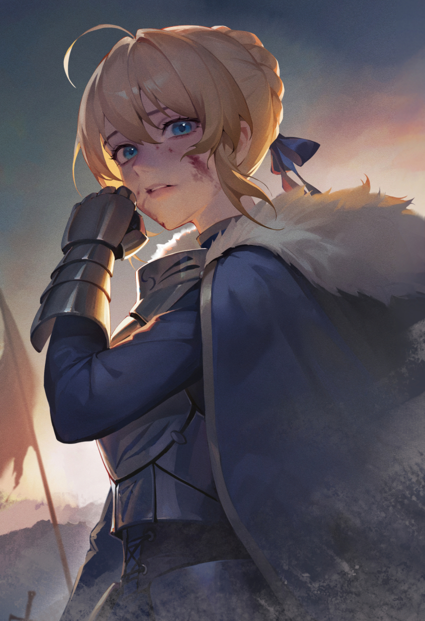 1girl ahoge artoria_pendragon_(fate) backlighting battlefield black_corset blonde_hair blood blood_on_face blue_cloak blue_eyes blue_ribbon blue_tunic braid bun_with_braided_base cloak corset cuirass fate/grand_order fate_(series) fur_trim gauntlets hair_between_eyes hair_ribbon highres iamc95 jewelry light_blush light_frown long_sleeves looking_at_viewer parted_lips red_flag ribbon saber_(fate) shade short_hair sidelocks sky smudge solo teeth thighlet torn_flag tunic upper_teeth_only wiping_face