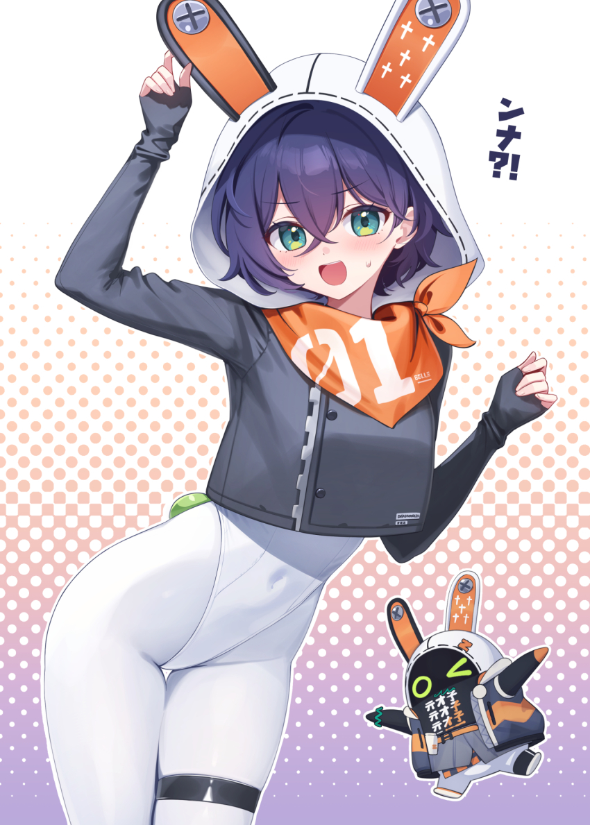 &gt;_o 1girl bandana bandana_around_neck bangboo_(zenless_zone_zero) belle_(zenless_zone_zero) blue_hair blush breasts cosplay cowboy_shot crossed_bangs deadnooodles eous_(zenless_zone_zero) eous_(zenless_zone_zero)_(cosplay) green_eyes hair_between_eyes hair_ornament highleg highleg_leotard highres korean_text leotard letter_hair_ornament looking_at_viewer medium_breasts one_eye_closed open_mouth orange_bandana pantyhose polka_dot polka_dot_background revision short_hair sweatdrop thigh_strap white_leotard white_pantyhose zenless_zone_zero